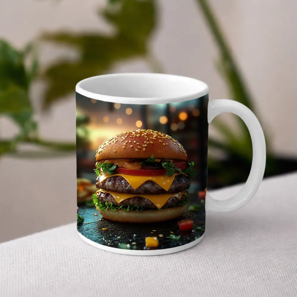 Double Cheeseburger Glowing Restaurant Background – Mugs