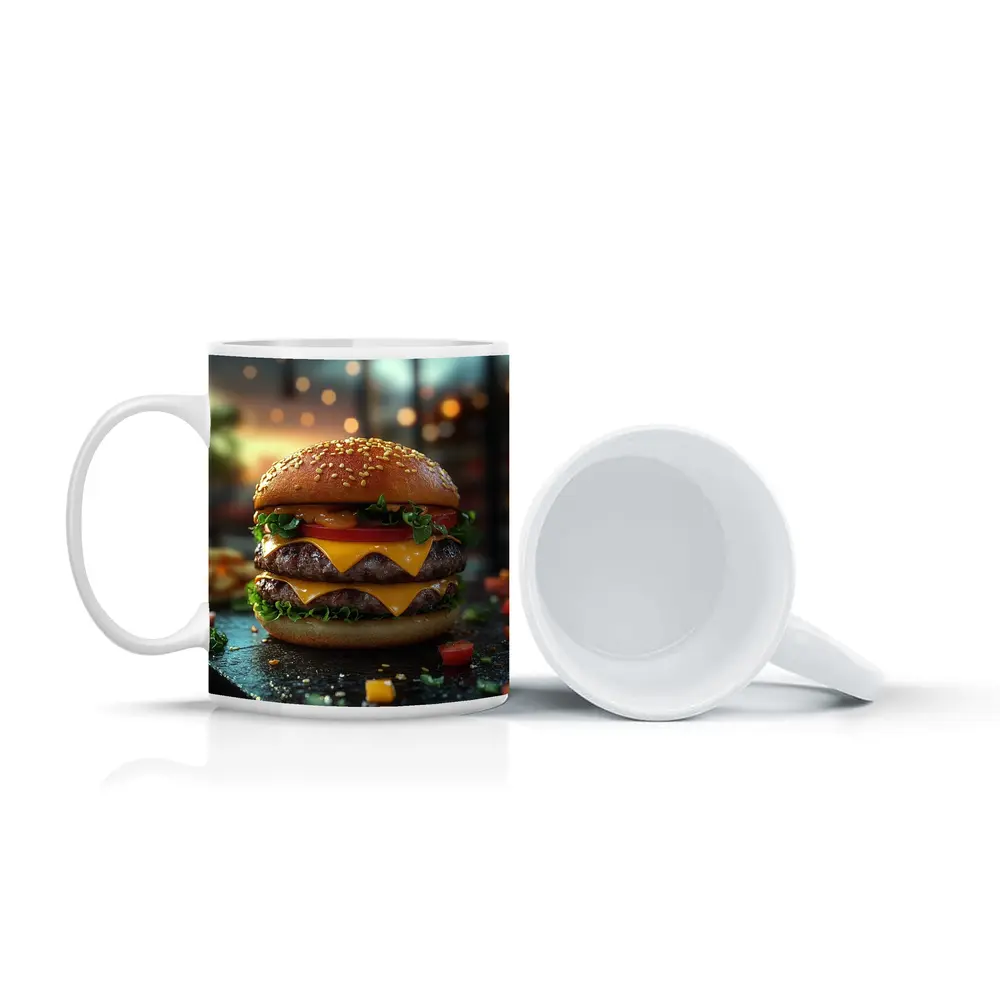 Double Cheeseburger Glowing Restaurant Background – Mugs