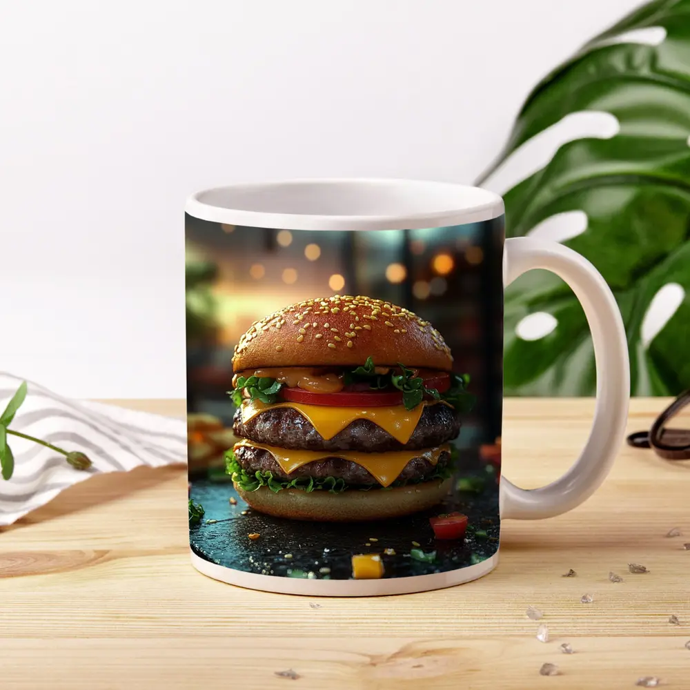 Double Cheeseburger Glowing Restaurant Background – Mugs