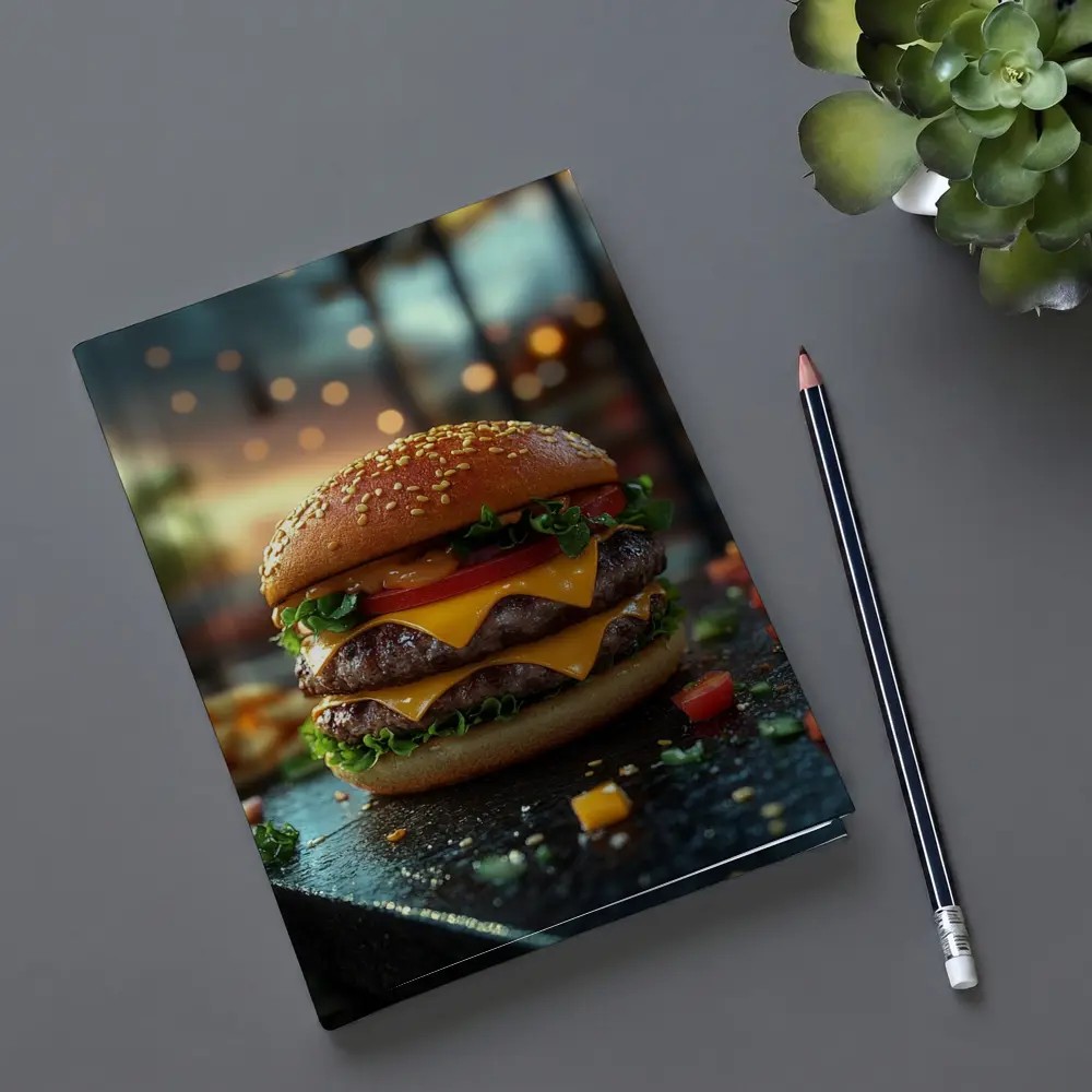 Double Cheeseburger Glowing Restaurant Background – Notebooks