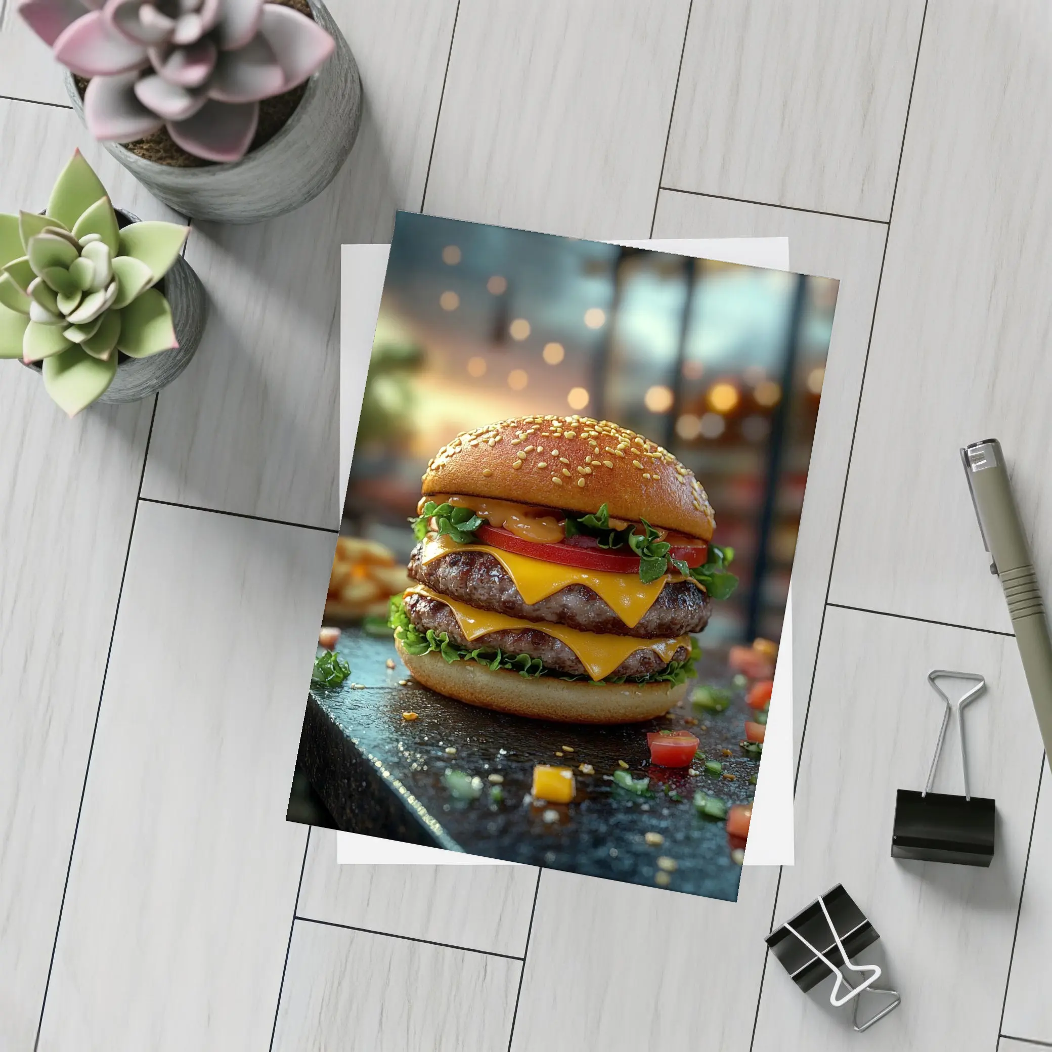 Double Cheeseburger Glowing Restaurant Background – Postcards