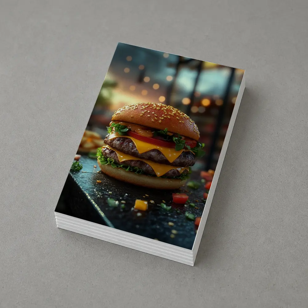 Double Cheeseburger Glowing Restaurant Background – Postcards