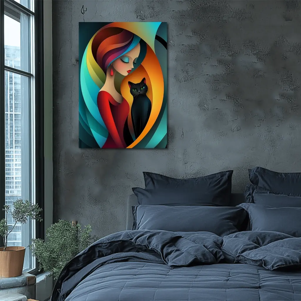 Abstract Woman With Black Cat Colorful Art – Wall Art