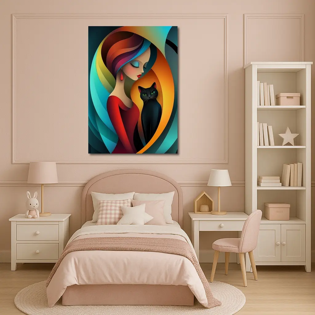 Abstract Woman With Black Cat Colorful Art – Wall Art