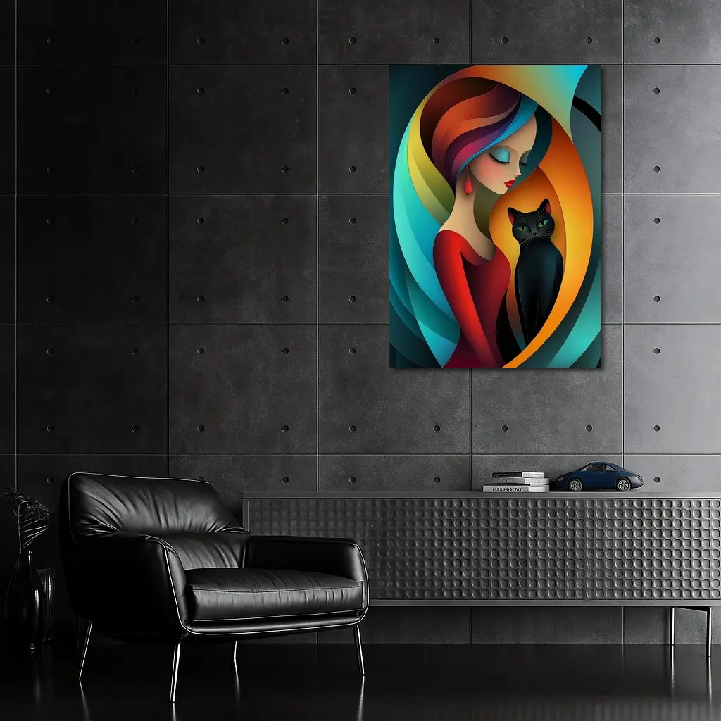 Abstract Woman With Black Cat Colorful Art – Wall Art