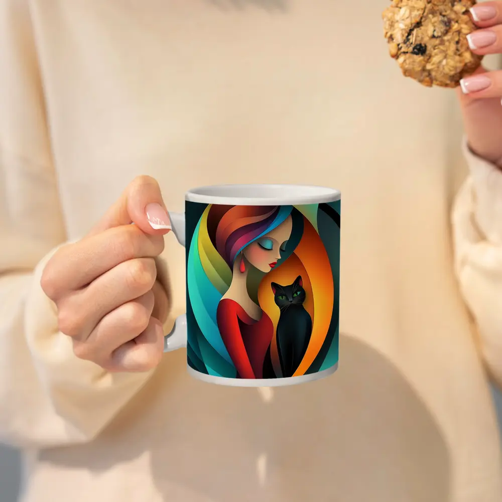 Abstract Woman With Black Cat Colorful Art – Mugs