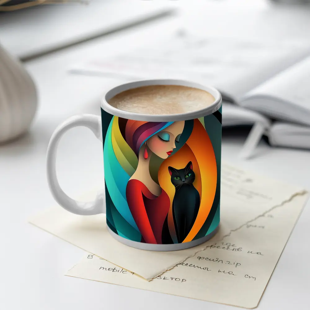 Abstract Woman With Black Cat Colorful Art – Mugs