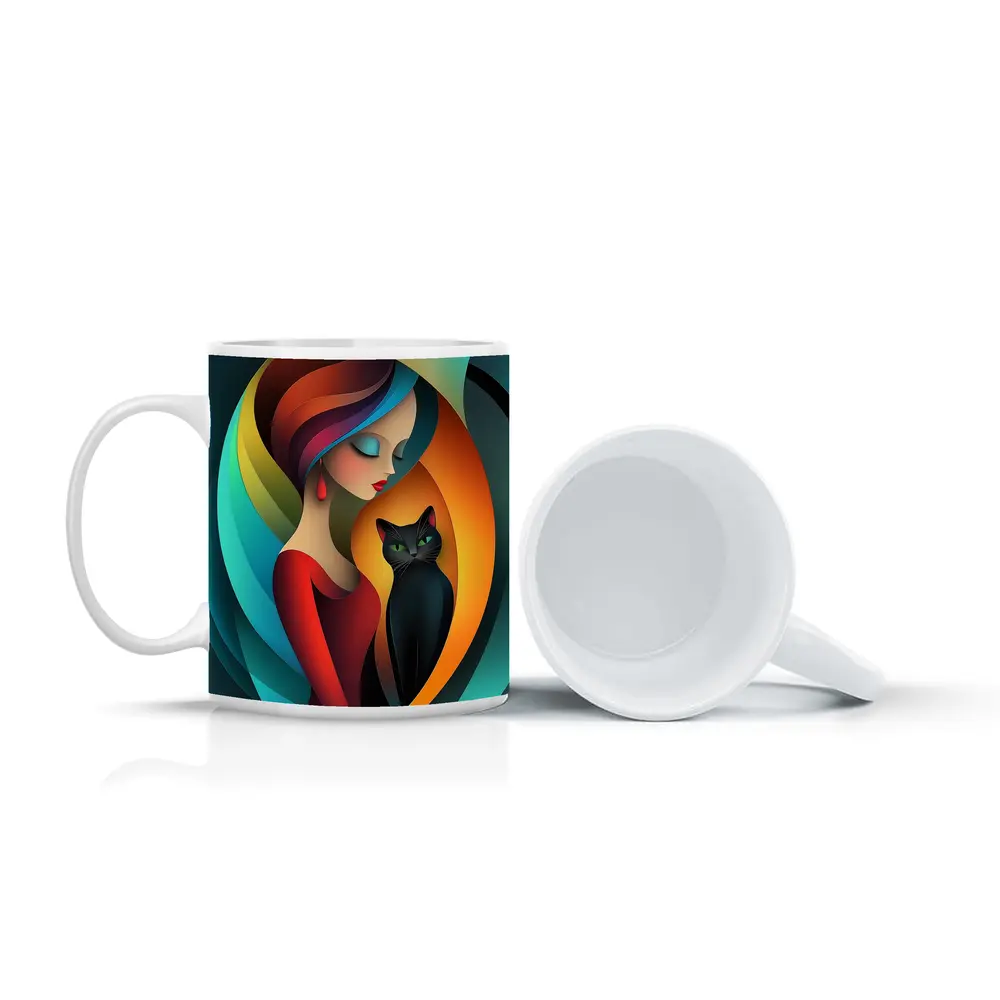 Abstract Woman With Black Cat Colorful Art – Mugs