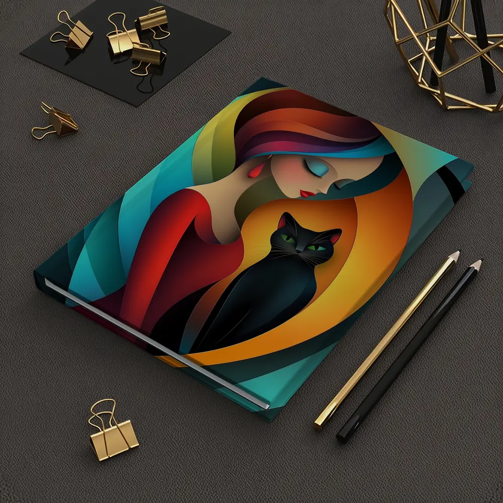 Abstract Woman With Black Cat Colorful Art – Notebooks