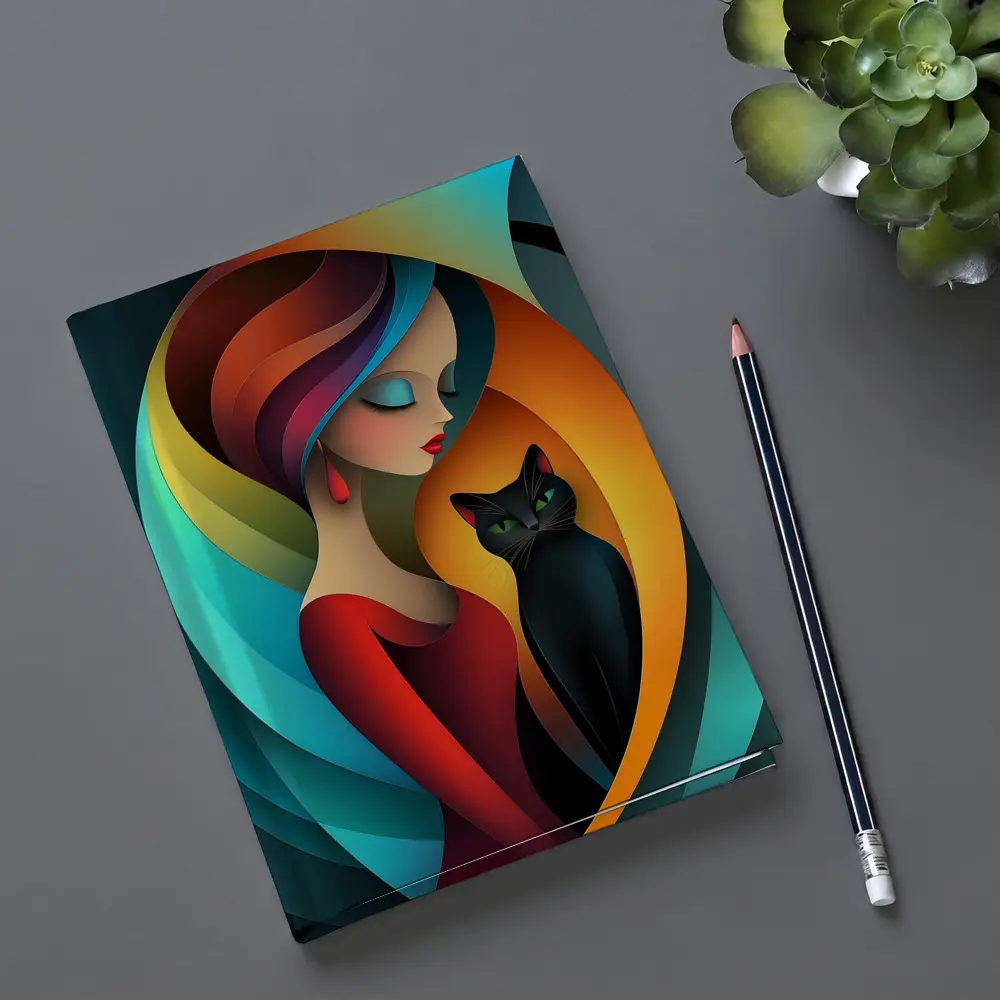 Abstract Woman With Black Cat Colorful Art – Notebooks
