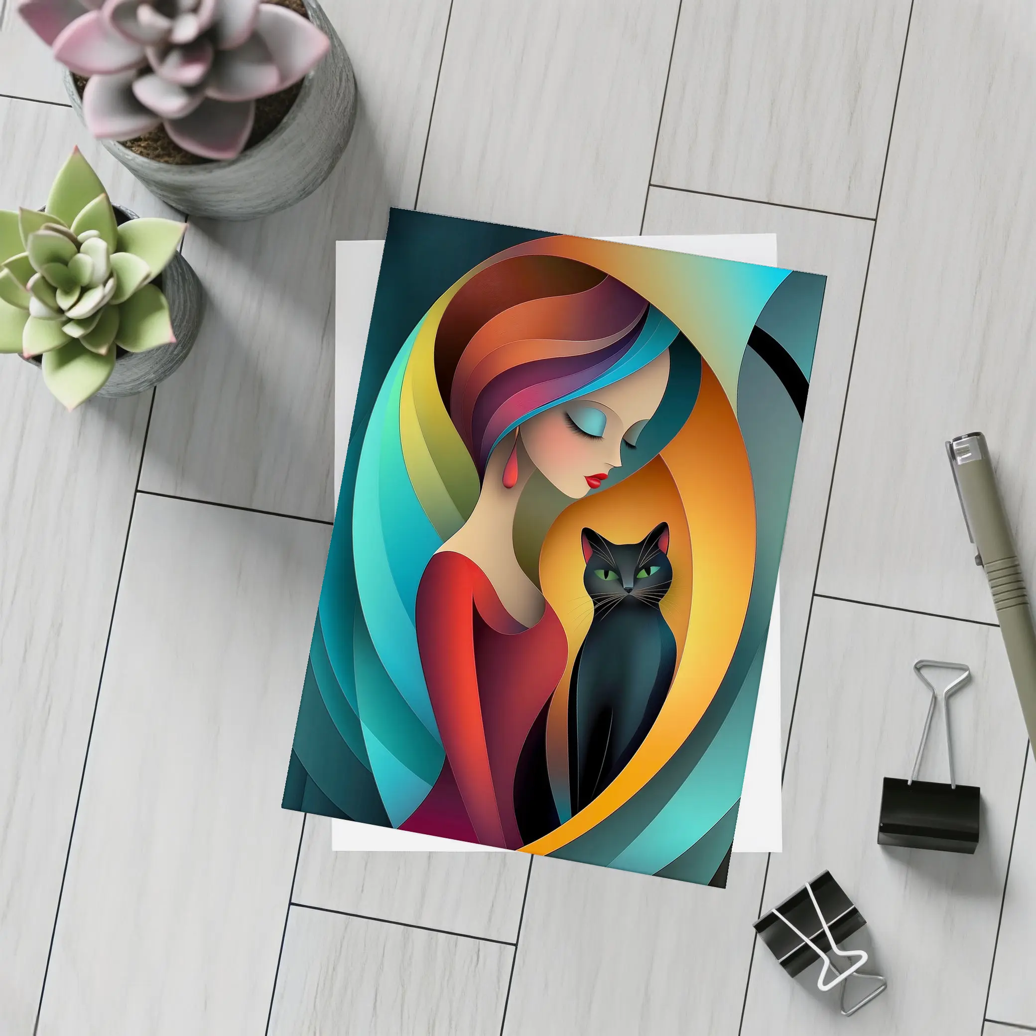 Abstract Woman With Black Cat Colorful Art – Postcards