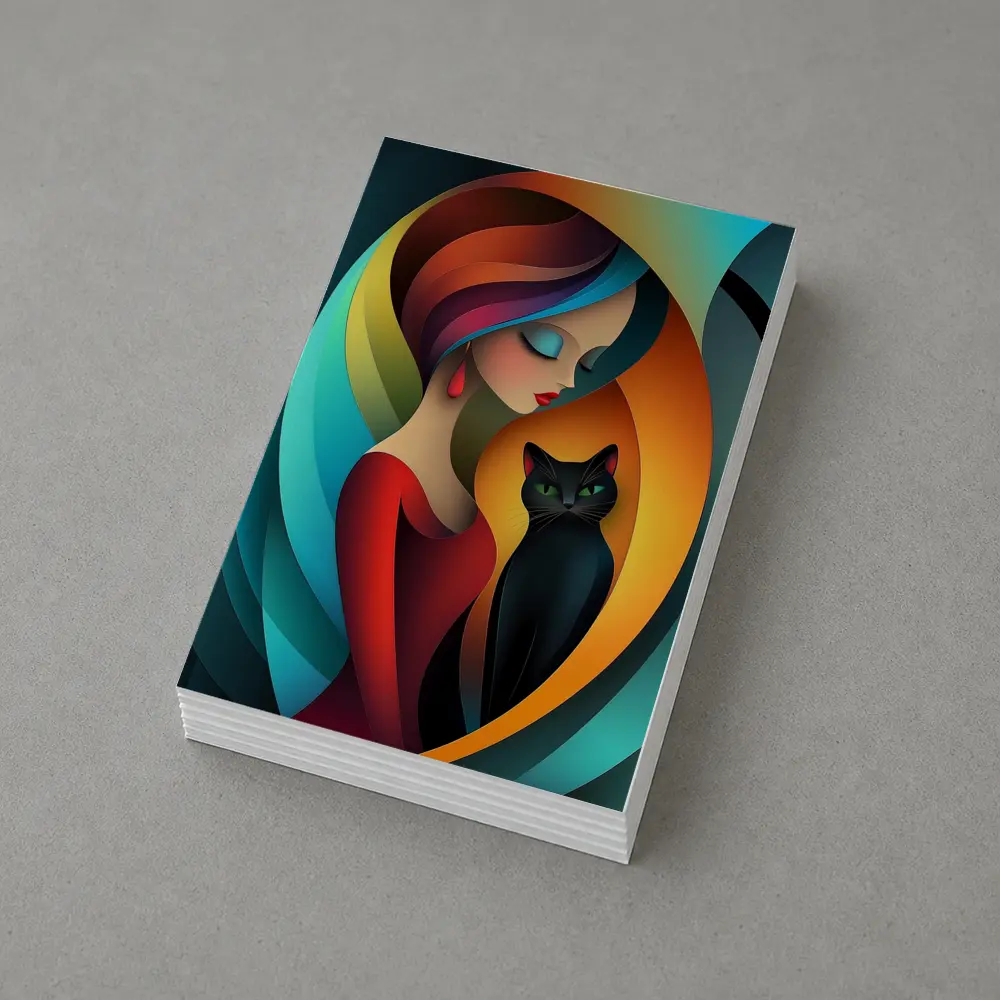 Abstract Woman With Black Cat Colorful Art – Postcards