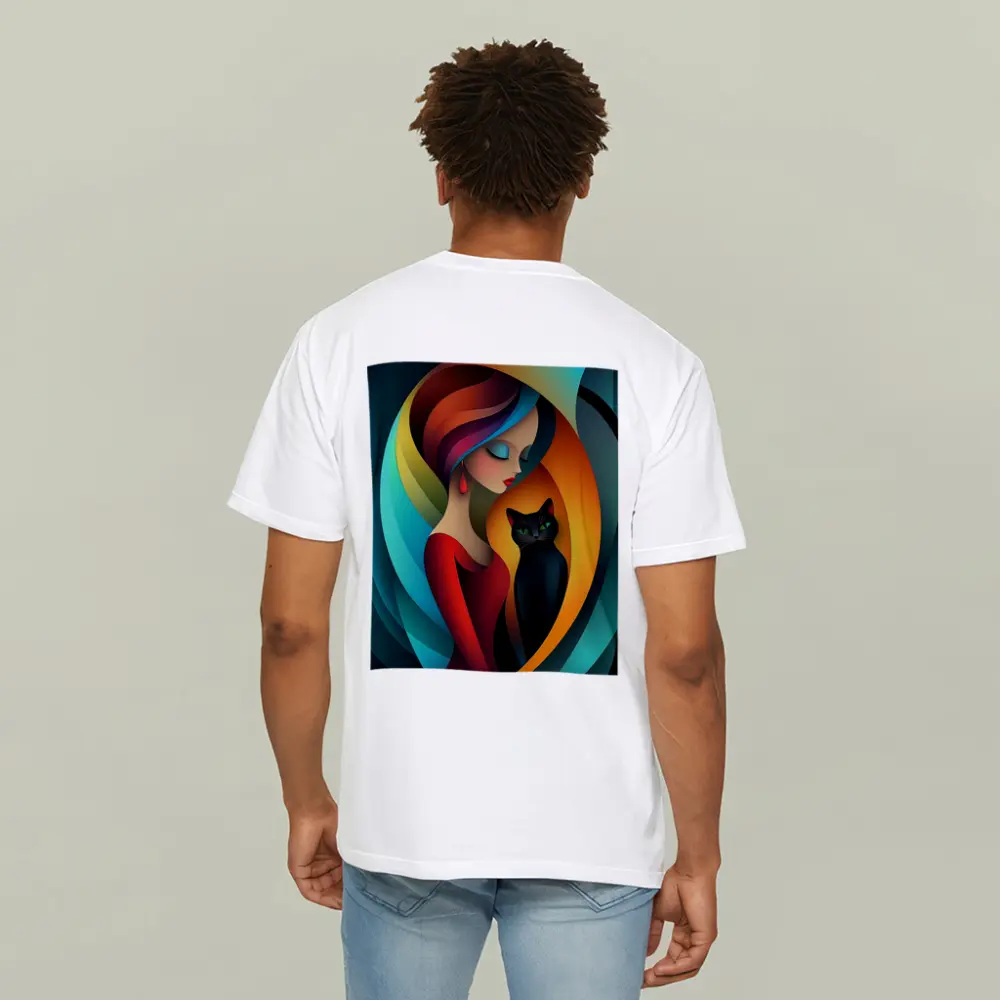 Abstract Woman With Black Cat Colorful Art – T-Shirts