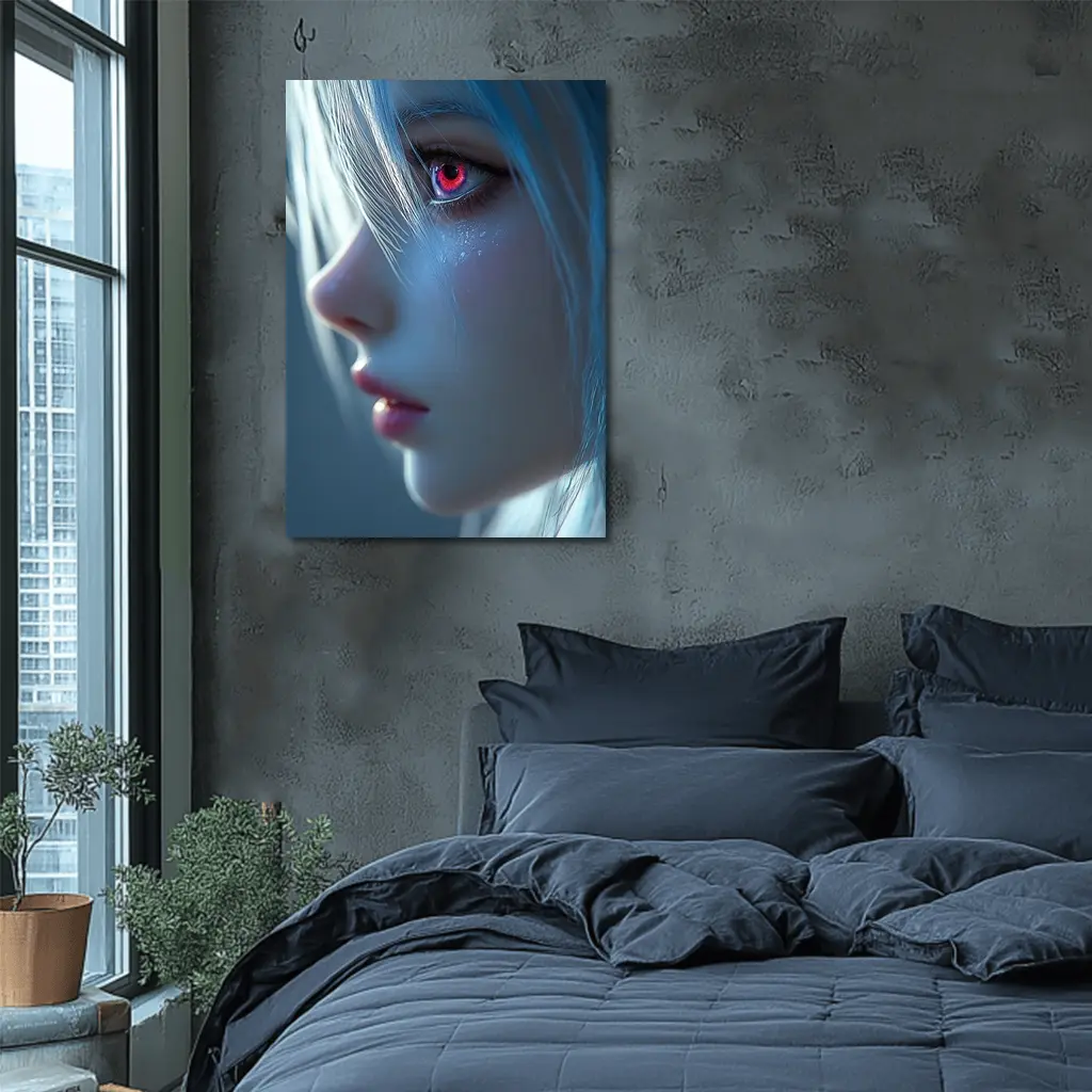 Anime Girl Blue Hair Red Glowing Eye – Wall Art