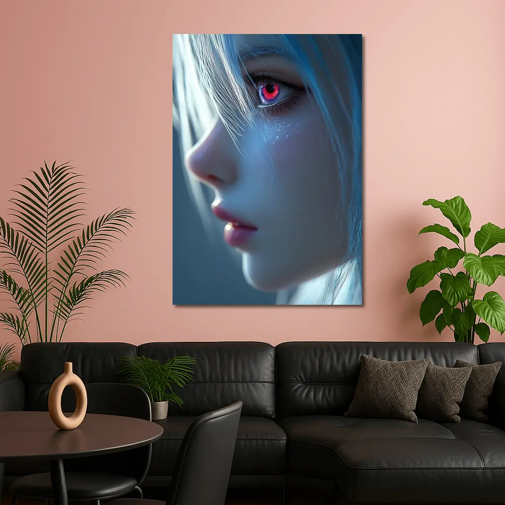 Anime Girl Blue Hair Red Glowing Eye – Wall Art