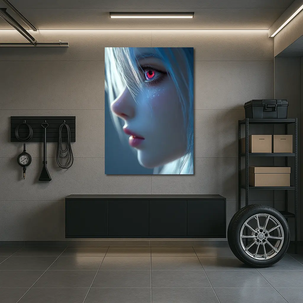 Anime Girl Blue Hair Red Glowing Eye – Wall Art