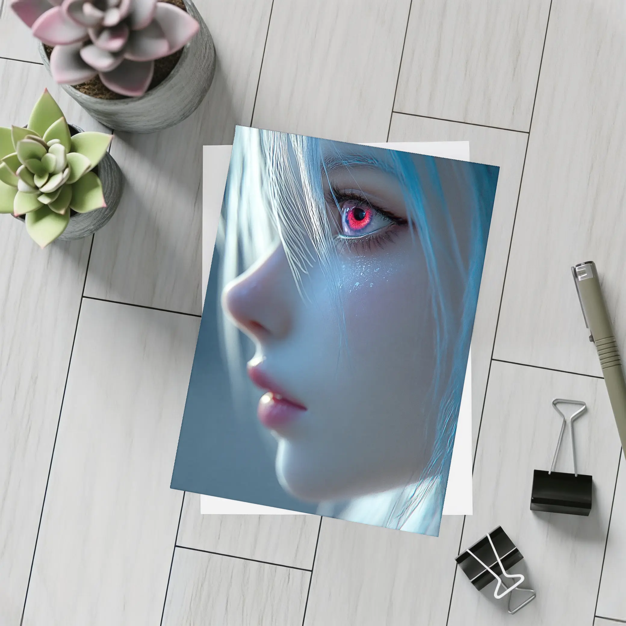 Anime Girl Blue Hair Red Glowing Eye – Postcards