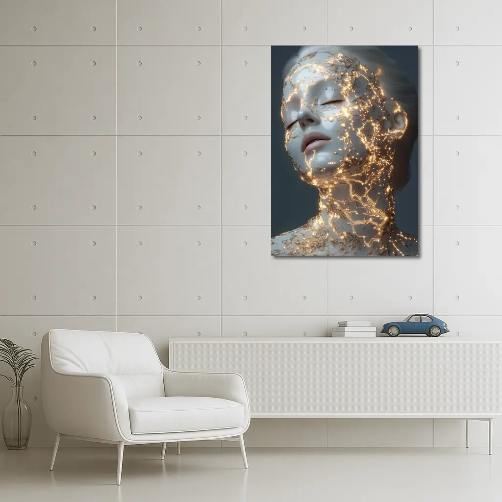 Glowing Gold Veins Woman Gray Background – Wall Art