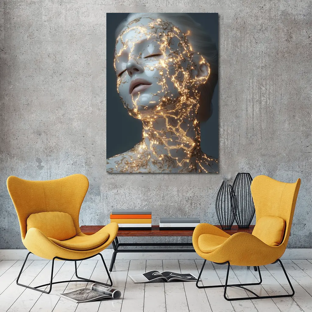 Glowing Gold Veins Woman Gray Background – Wall Art