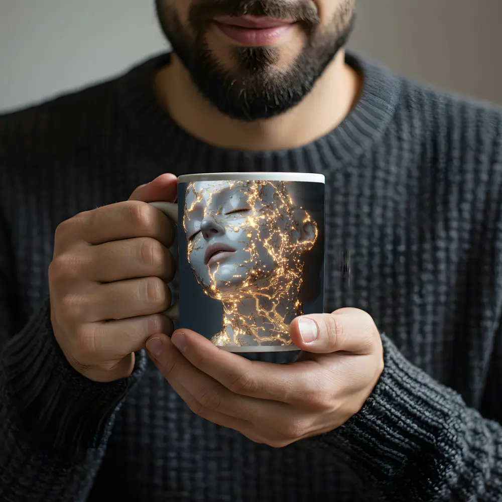 Glowing Gold Veins Woman Gray Background – Mugs