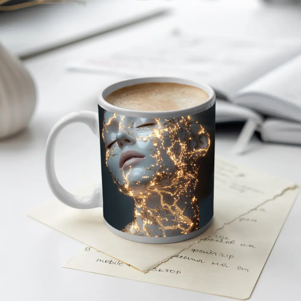 Glowing Gold Veins Woman Gray Background – Mugs