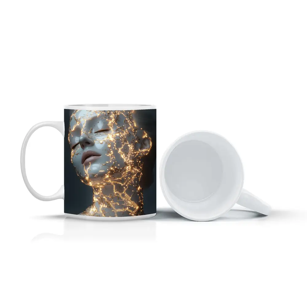 Glowing Gold Veins Woman Gray Background – Mugs