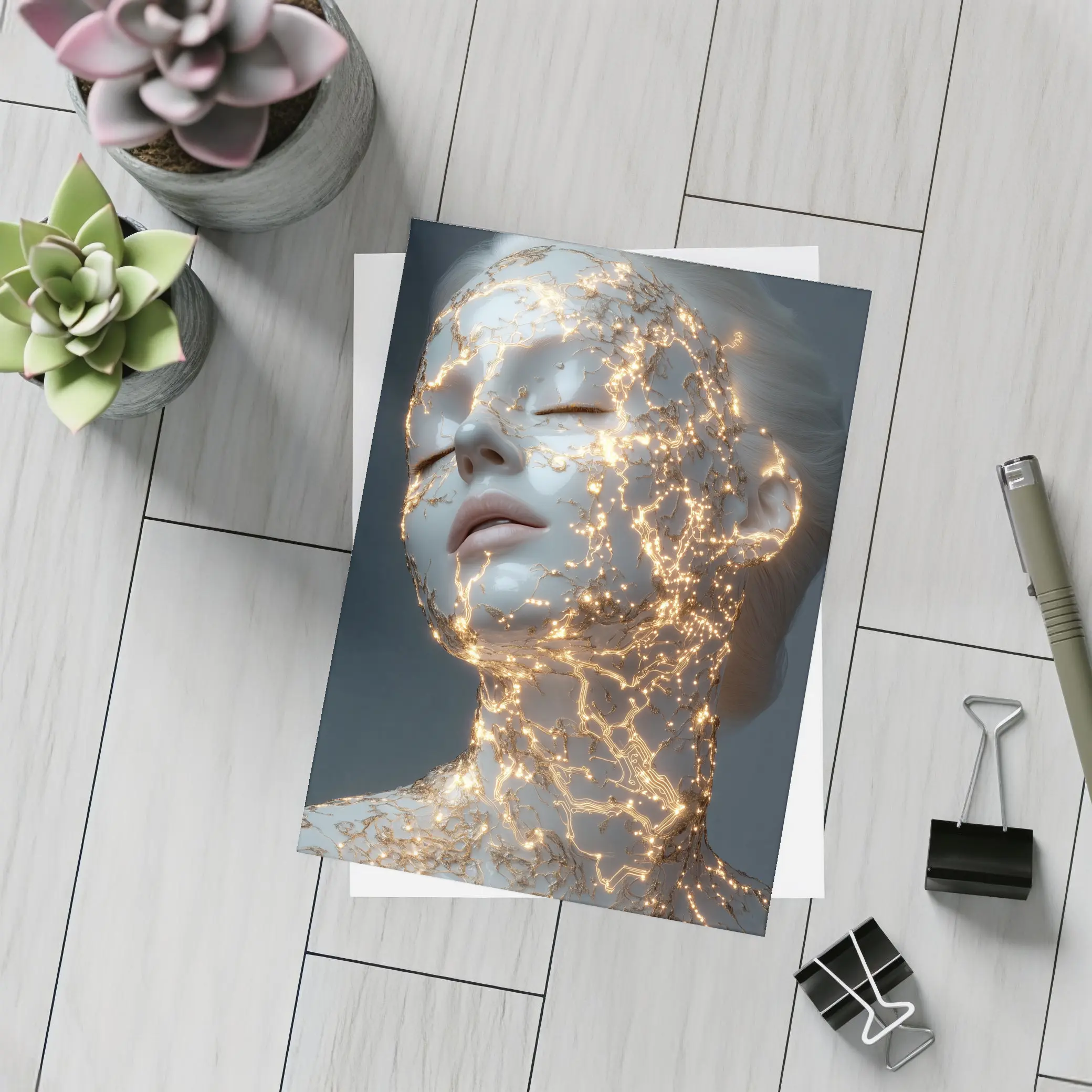 Glowing Gold Veins Woman Gray Background – Postcards