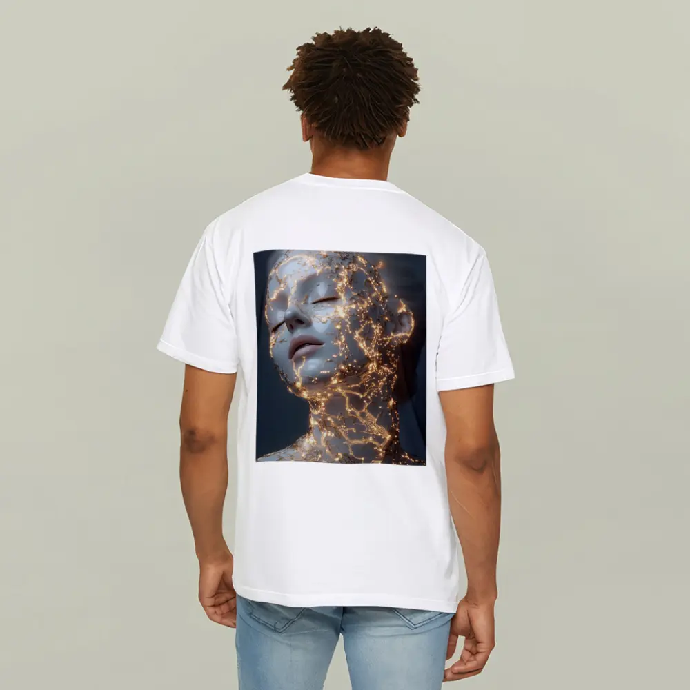 Glowing Gold Veins Woman Gray Background – T-Shirts
