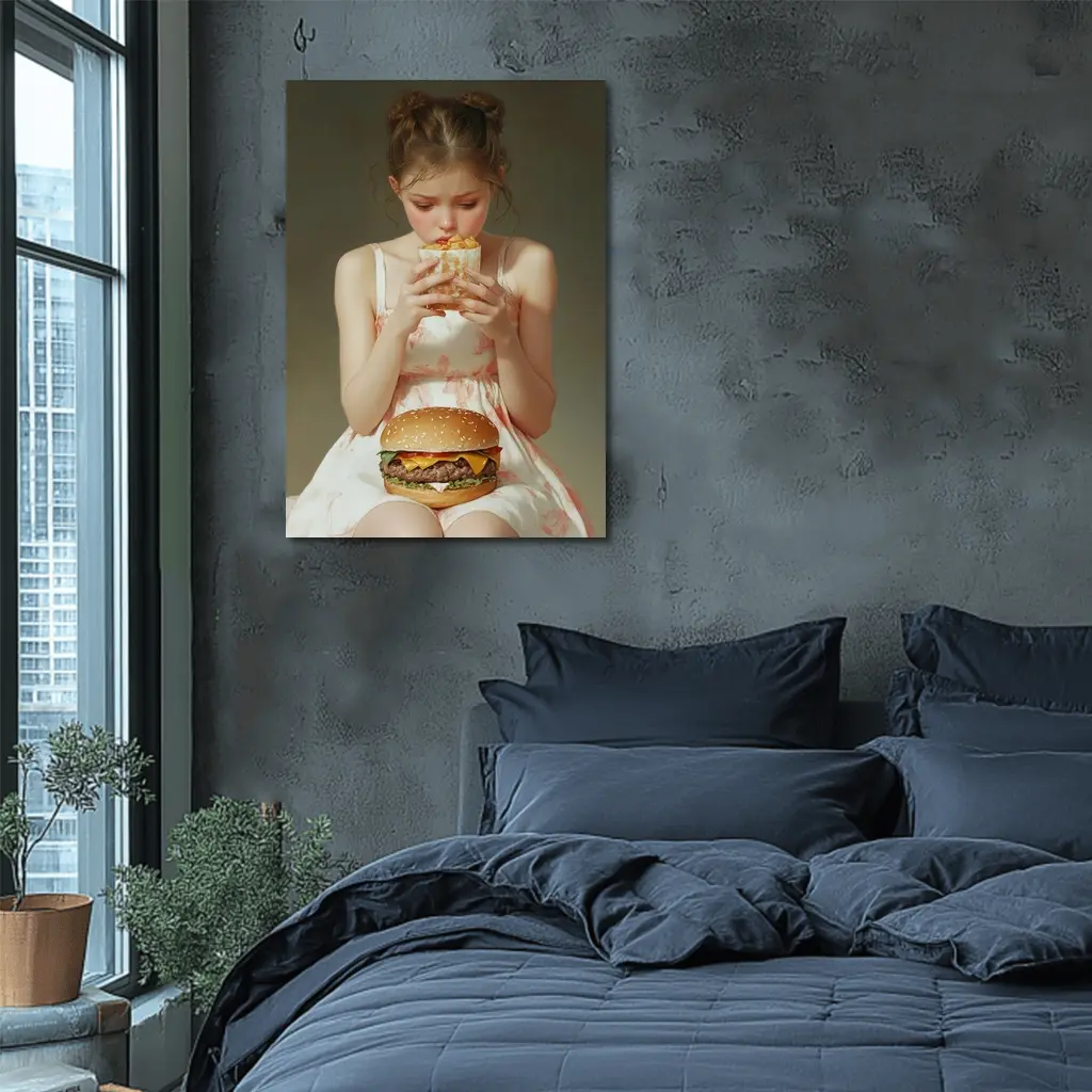 Girl Eating Burger and Fries Portrait – Wall Art