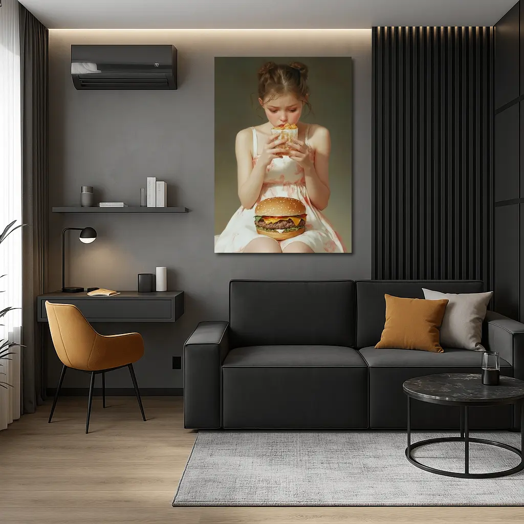 Girl Eating Burger and Fries Portrait – Wall Art