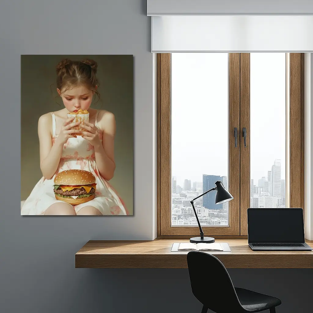 Girl Eating Burger and Fries Portrait – Wall Art