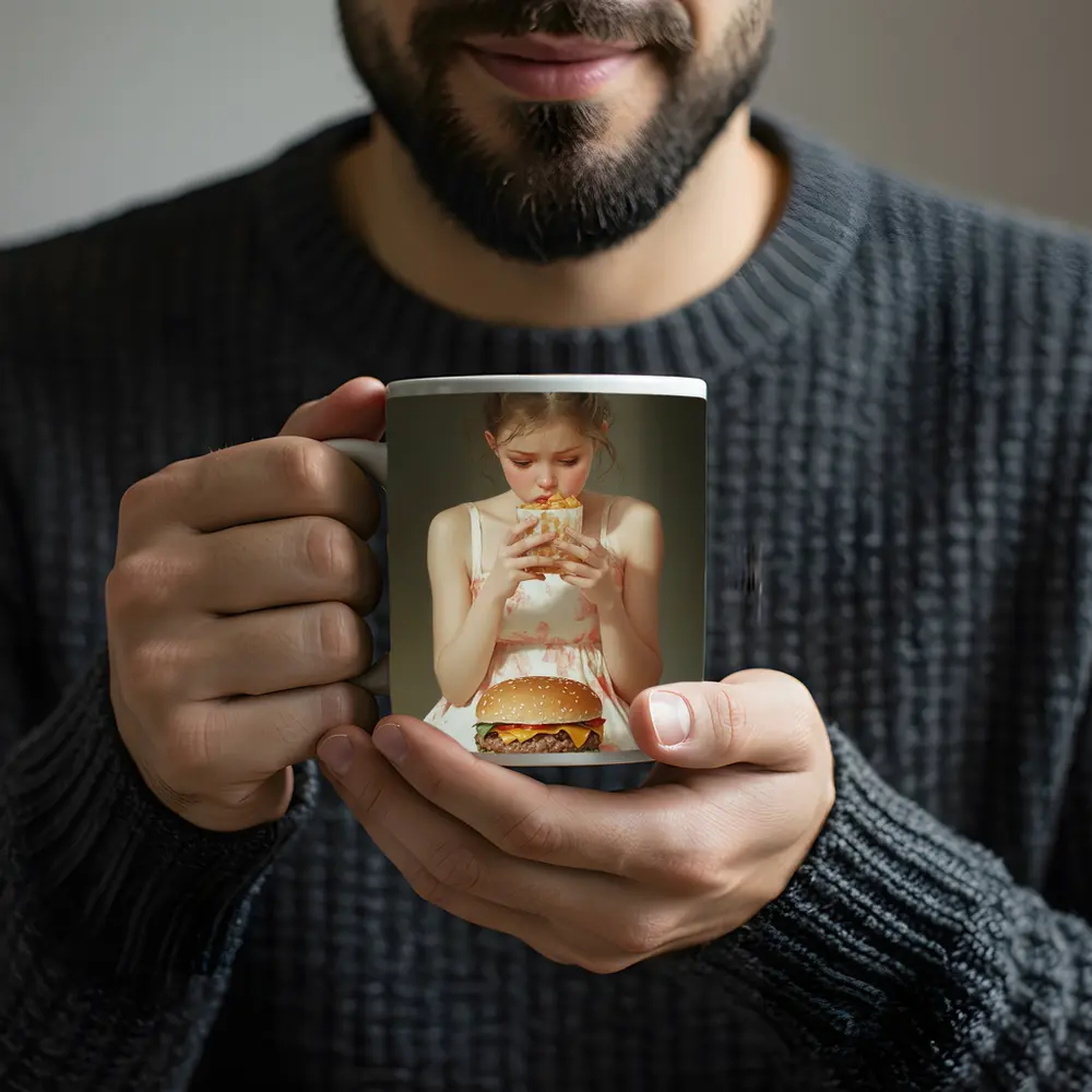 Girl Eating Burger and Fries Portrait – Mugs