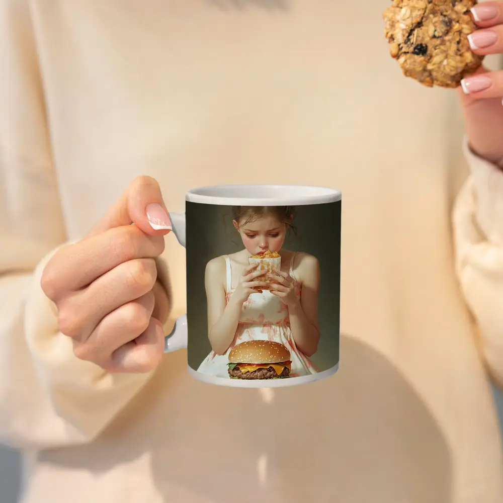 Girl Eating Burger and Fries Portrait – Mugs