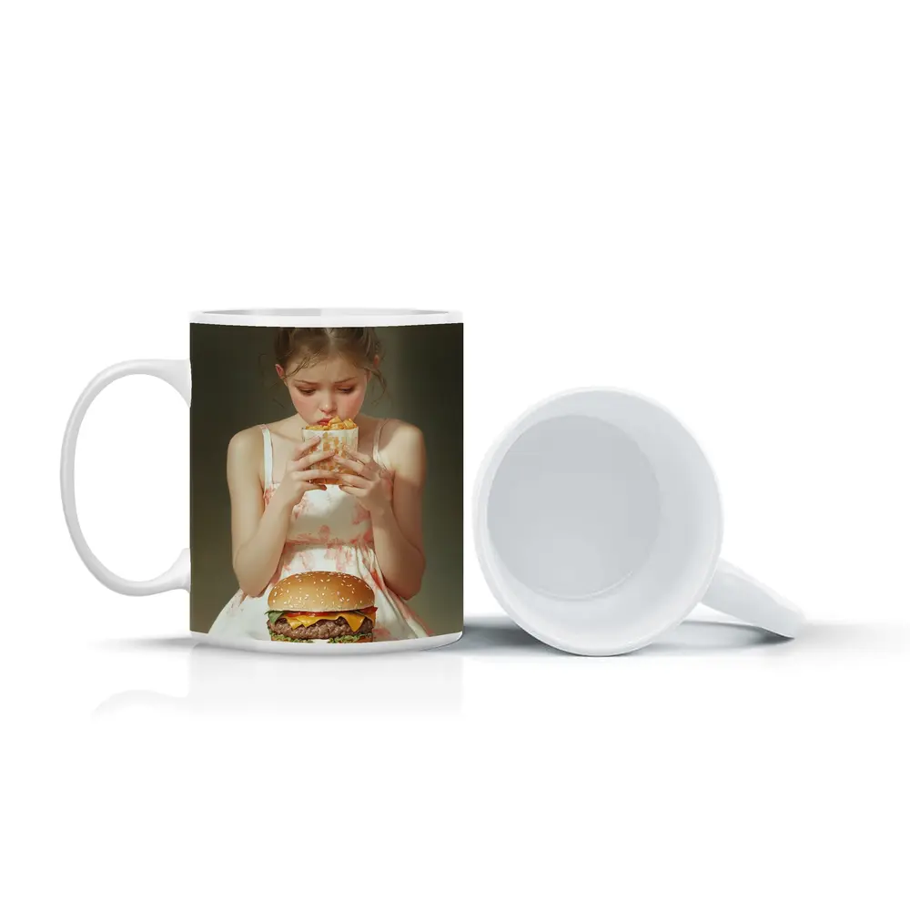 Girl Eating Burger and Fries Portrait – Mugs
