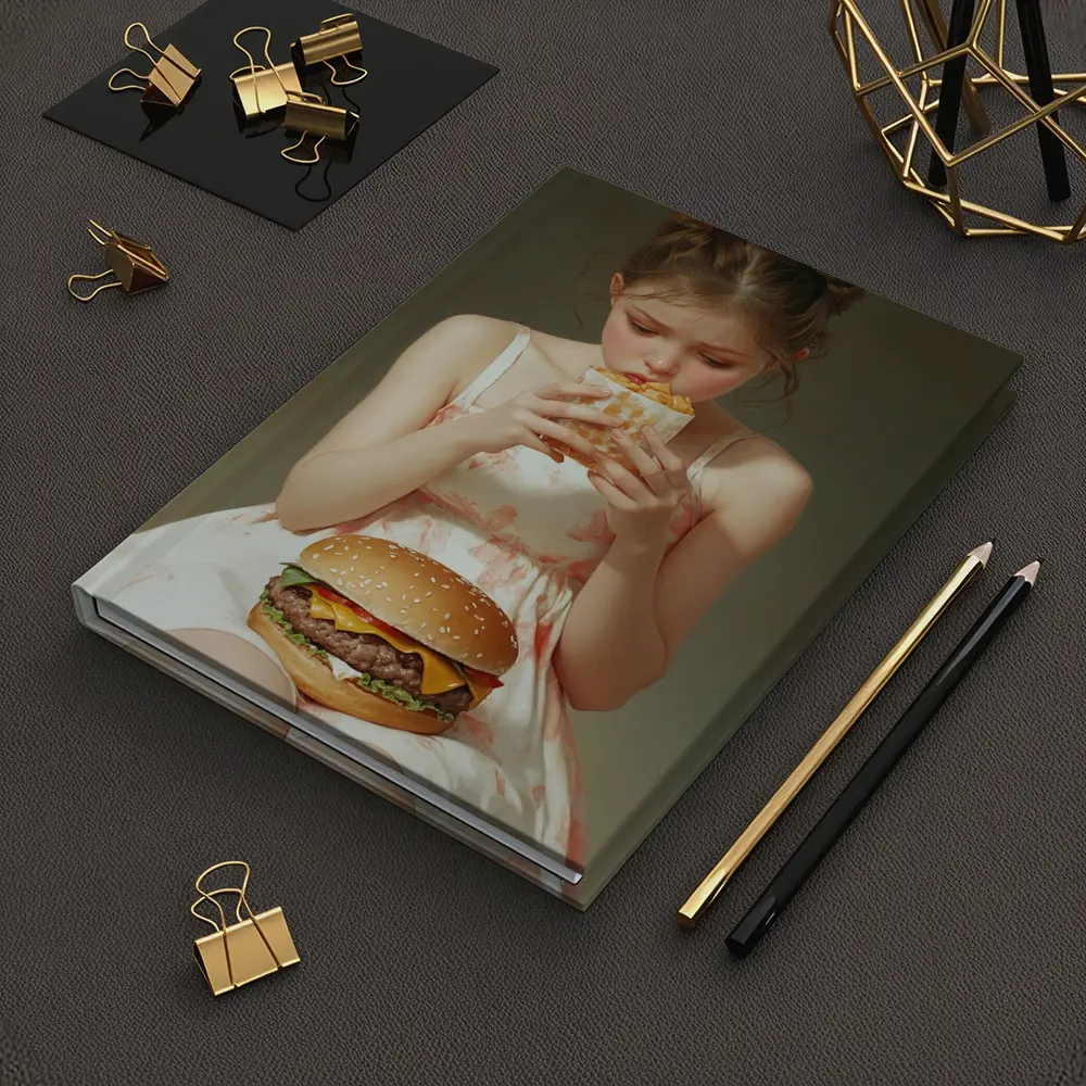 Girl Eating Burger and Fries Portrait – Notebooks