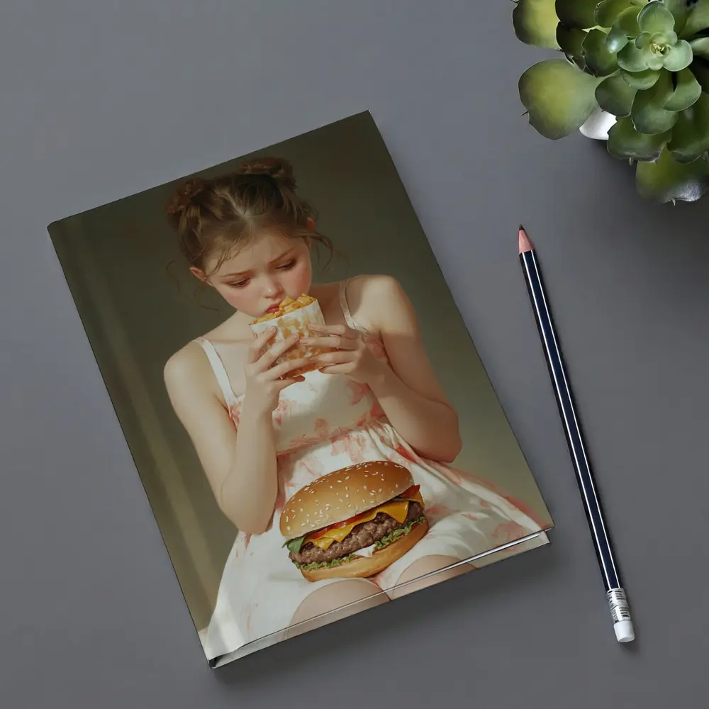 Girl Eating Burger and Fries Portrait – Notebooks