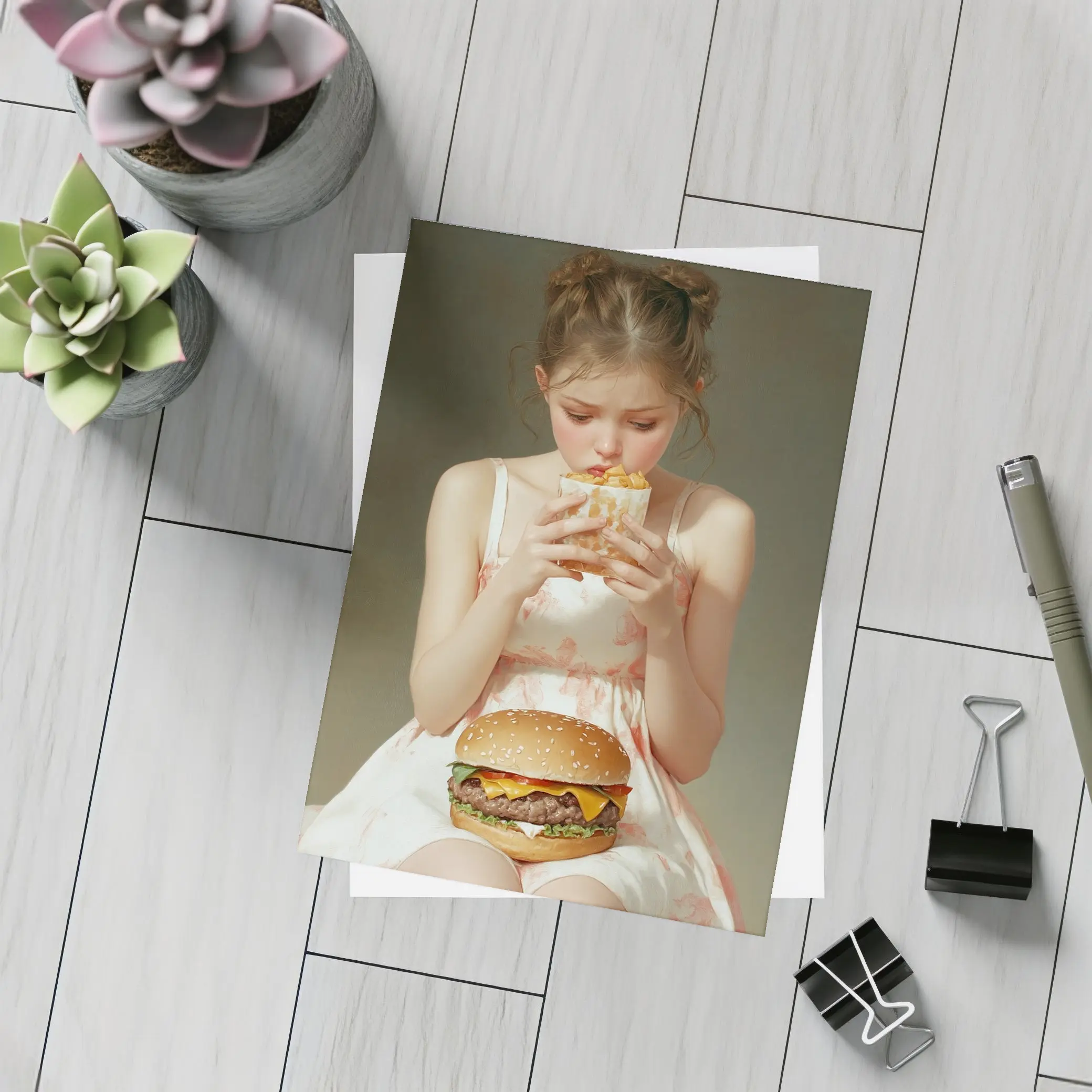 Girl Eating Burger and Fries Portrait – Postcards