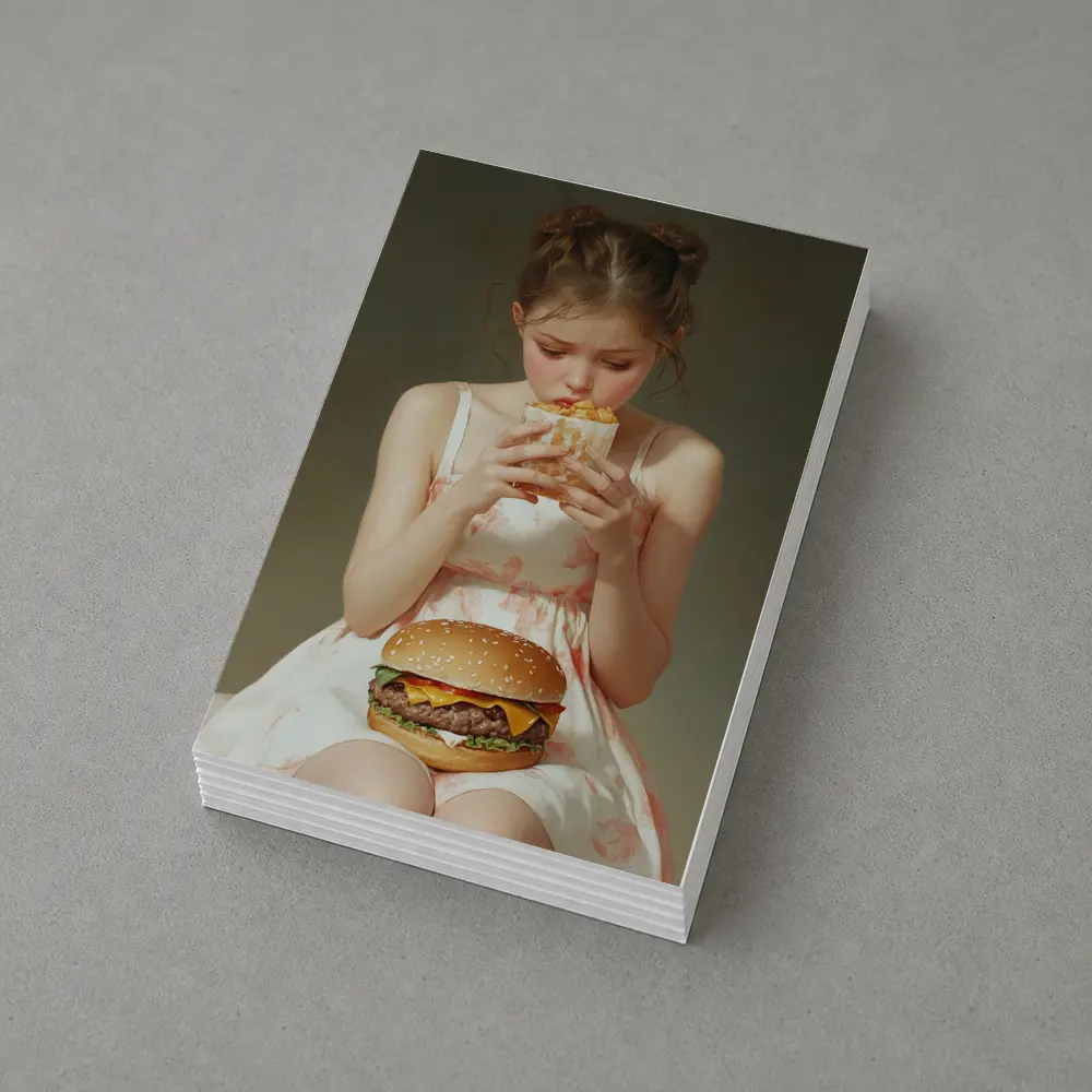 Girl Eating Burger and Fries Portrait – Postcards