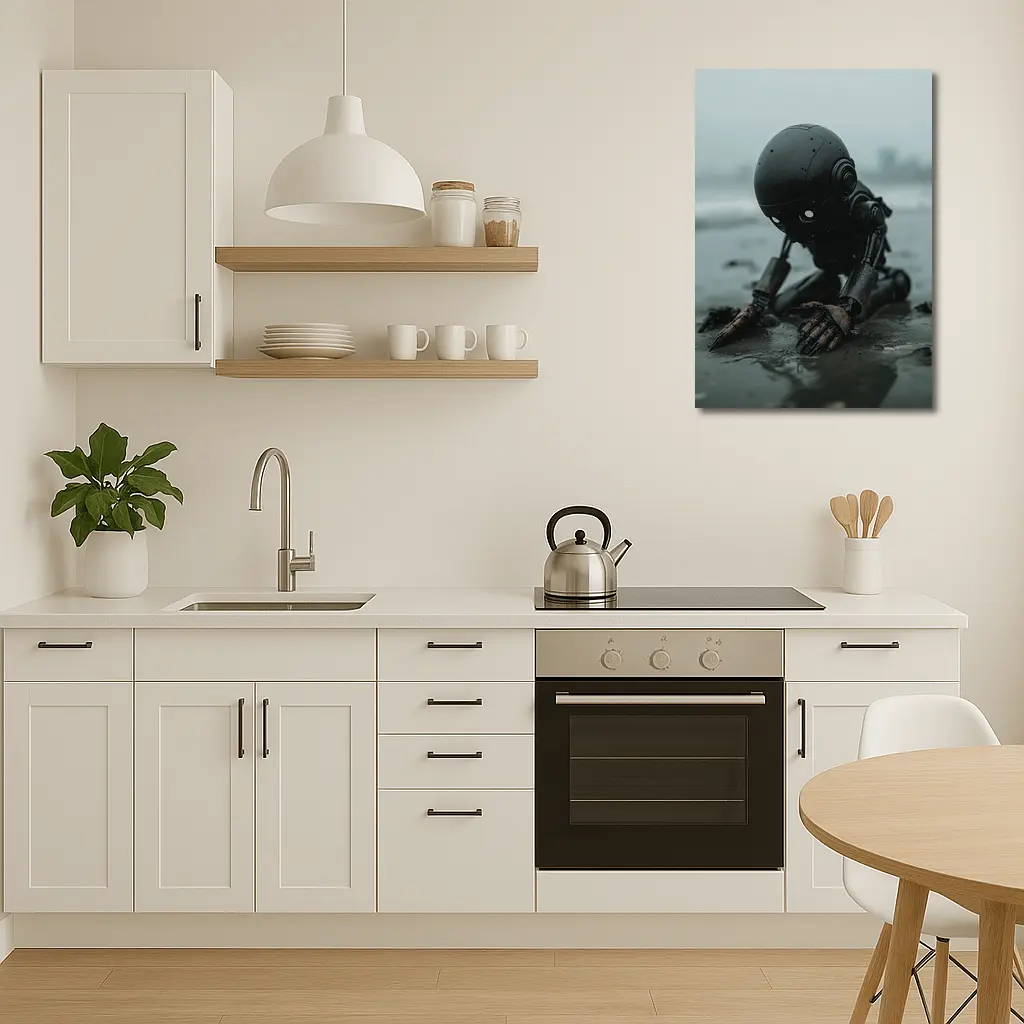 Dark Robot Kneeling On Rainy Beach – Wall Art