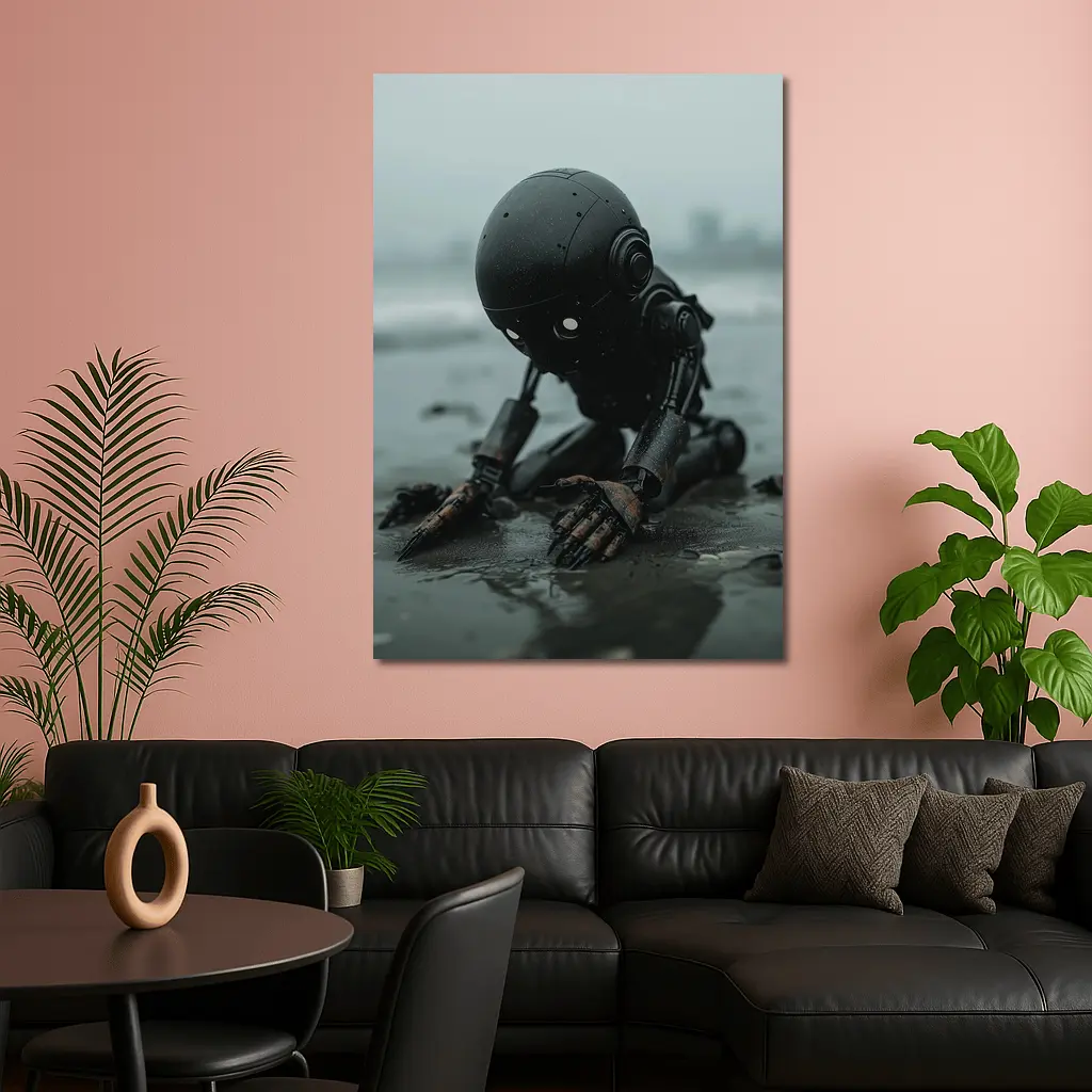 Dark Robot Kneeling On Rainy Beach – Wall Art