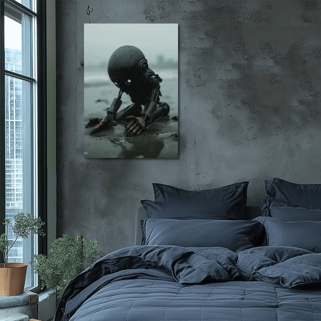 Dark Robot Kneeling On Rainy Beach – Wall Art