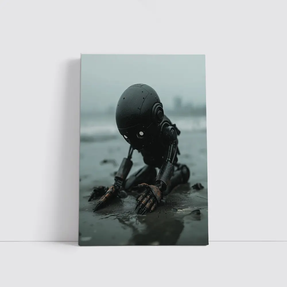 Dark Robot Kneeling On Rainy Beach – Wall Art