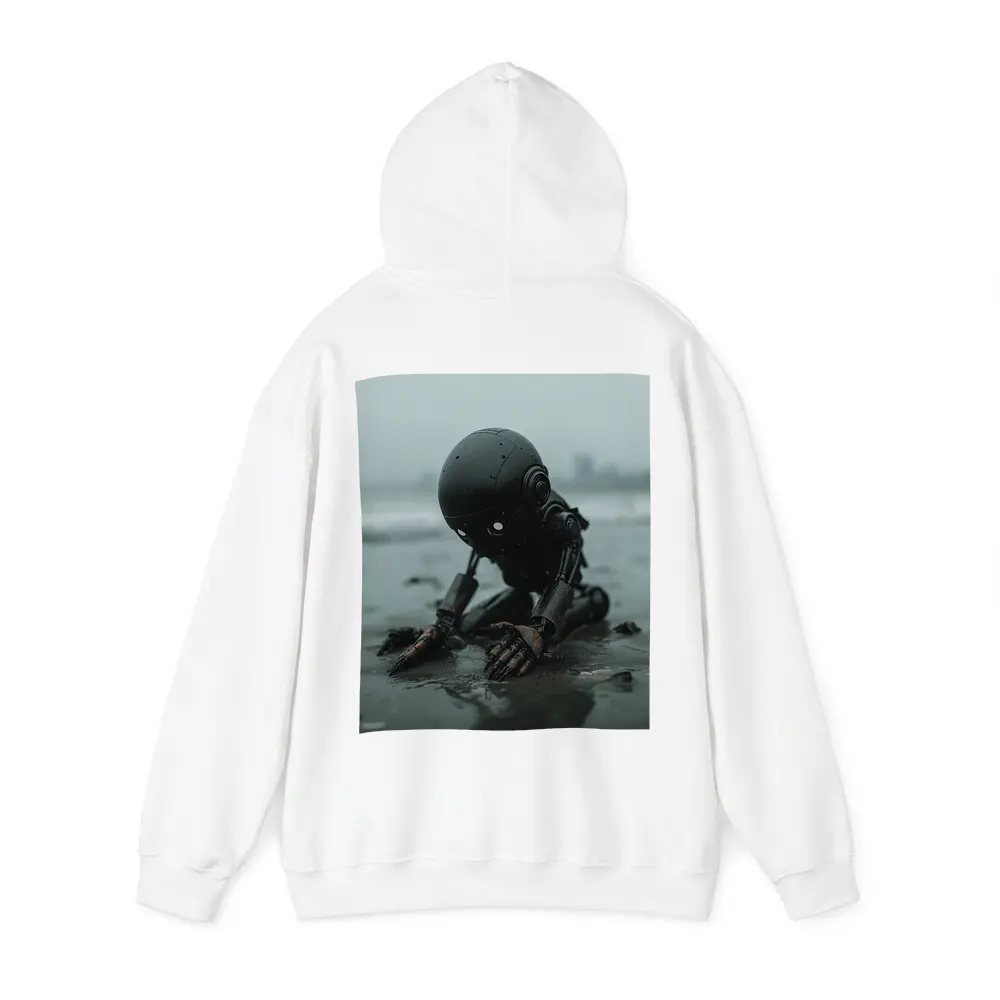 Dark Robot Kneeling On Rainy Beach – Hoodies