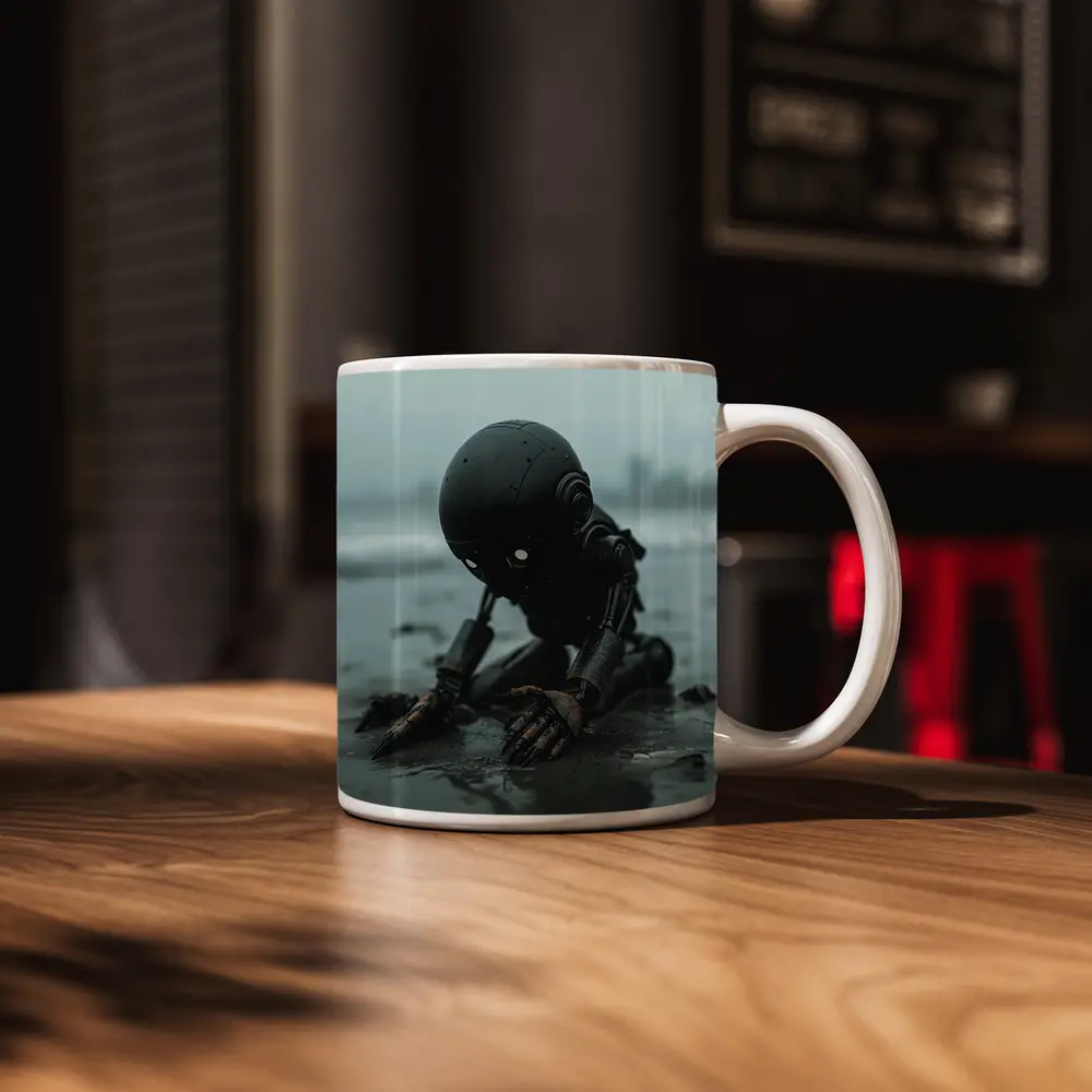 Dark Robot Kneeling On Rainy Beach – Mugs