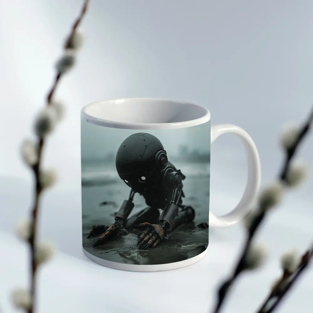 Dark Robot Kneeling On Rainy Beach – Mugs