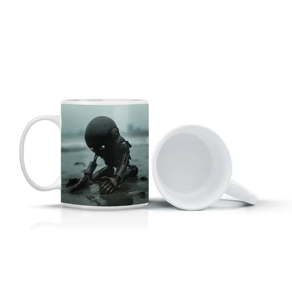 Dark Robot Kneeling On Rainy Beach – Mugs