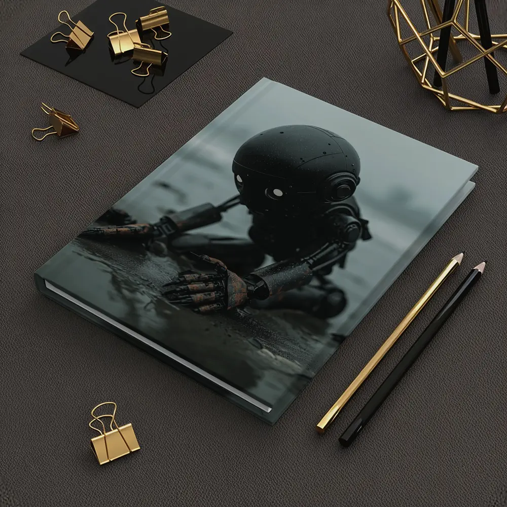 Dark Robot Kneeling On Rainy Beach – Notebooks