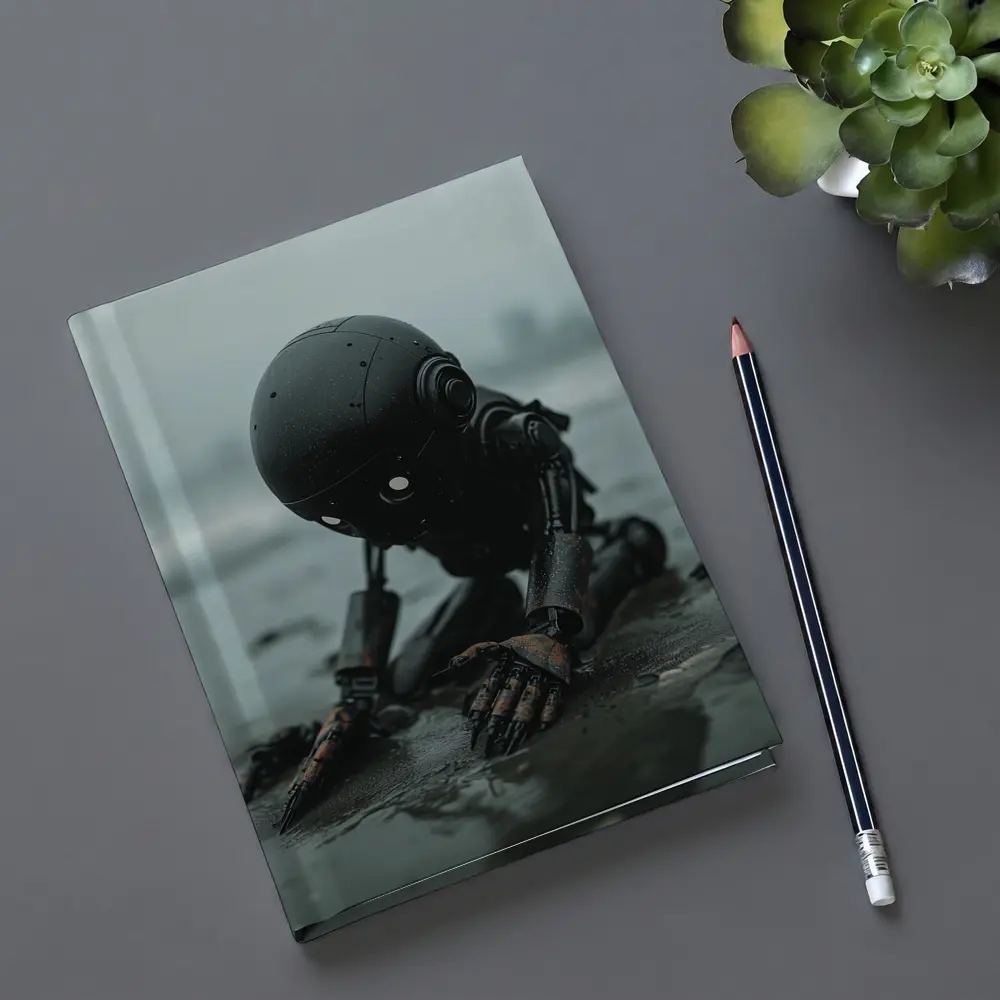 Dark Robot Kneeling On Rainy Beach – Notebooks