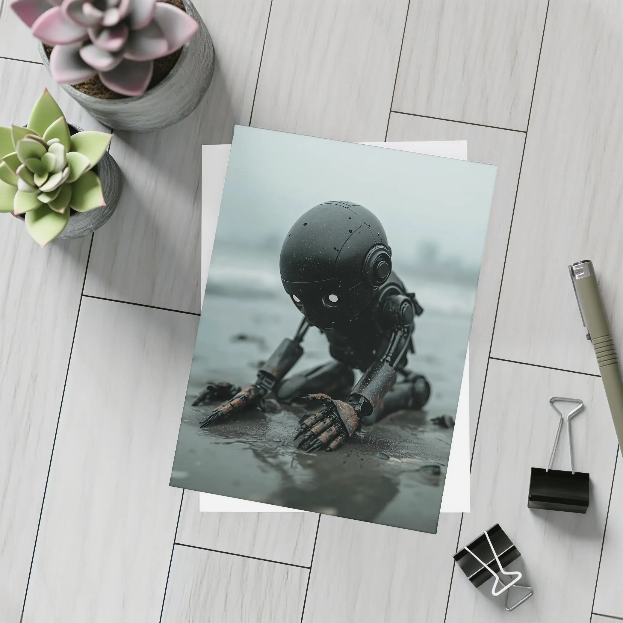Dark Robot Kneeling On Rainy Beach – Postcards
