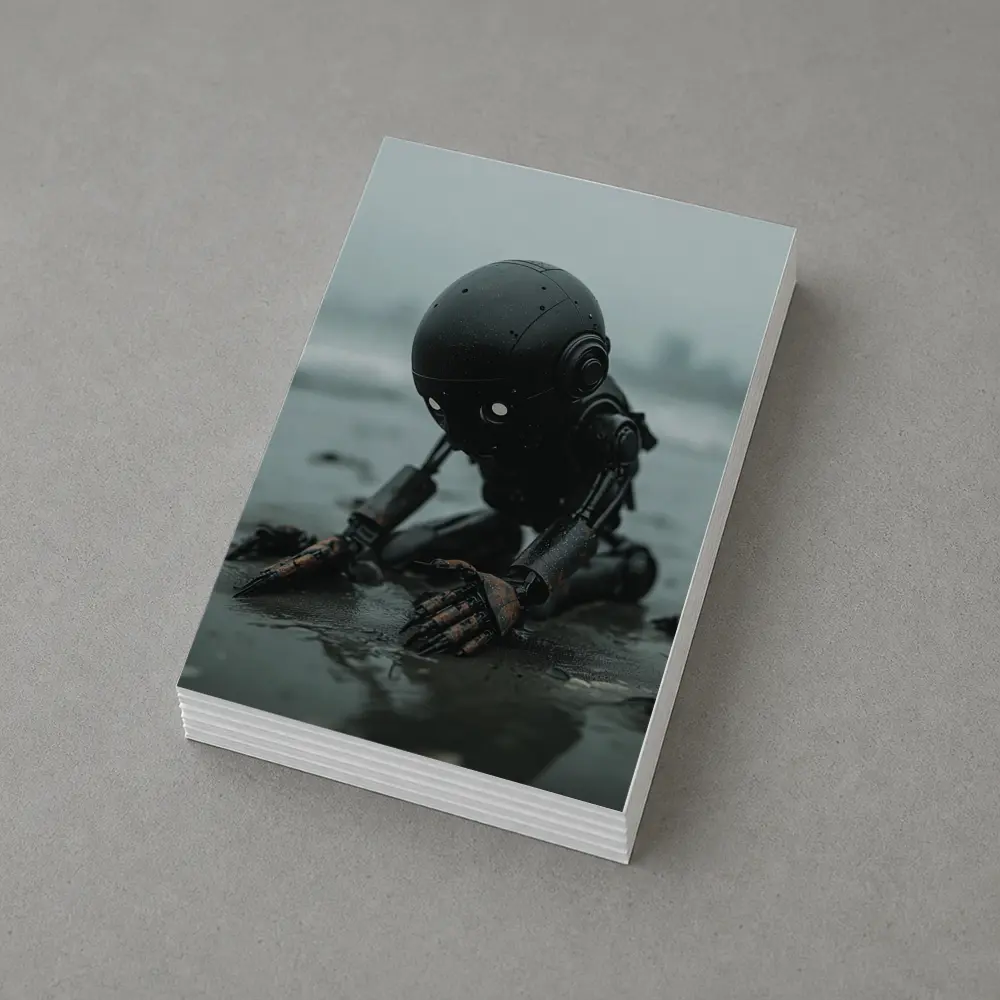 Dark Robot Kneeling On Rainy Beach – Postcards